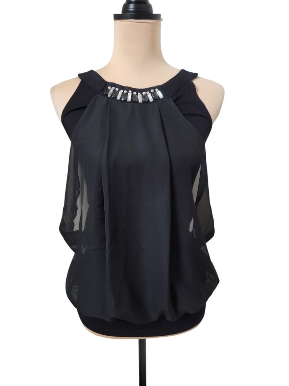 Gidani Size M Black Chiffon Sleeveless Halter with Beaded/Jeweled Neckline